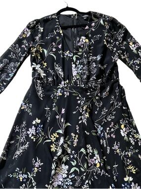 Le Château Black Floral V‑Neck Dress with Pastel Blooms